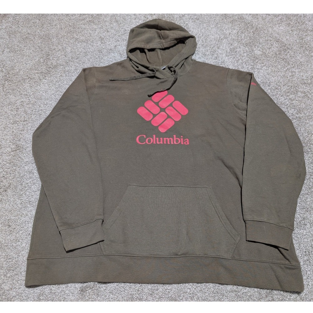 Columbia Hoodie Womens 3X Olive Green Pink Logo Pullover Fleece Plus Size